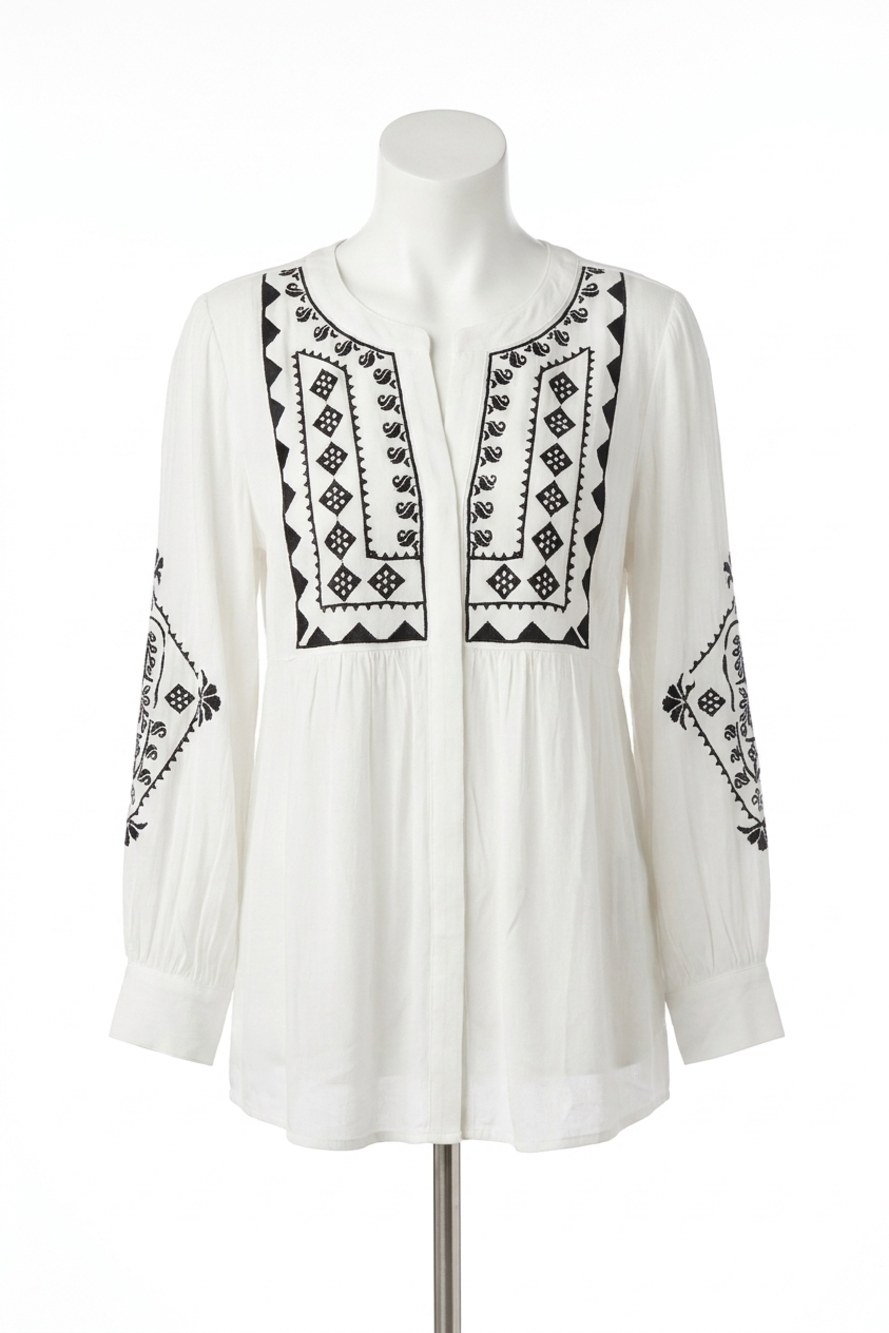 NEW PAPARAZZI embroidered rayon crinkle yoked blouse in white